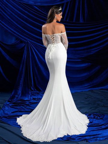 Elegant Glamorous Off-Shoulder Sheer Long Sleeve Bust Cup Boned Open Back Lace Trim Mermaid Lace Hem Wedding Dress