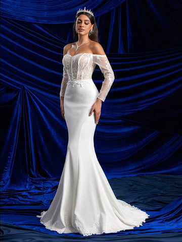 Elegant Glamorous Off-Shoulder Sheer Long Sleeve Bust Cup Boned Open Back Lace Trim Mermaid Lace Hem Wedding Dress