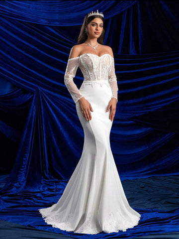 Elegant Glamorous Off-Shoulder Sheer Long Sleeve Bust Cup Boned Open Back Lace Trim Mermaid Lace Hem Wedding Dress