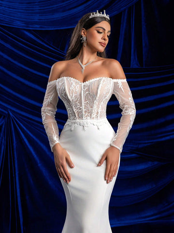 Elegant Glamorous Off-Shoulder Sheer Long Sleeve Bust Cup Boned Open Back Lace Trim Mermaid Lace Hem Wedding Dress