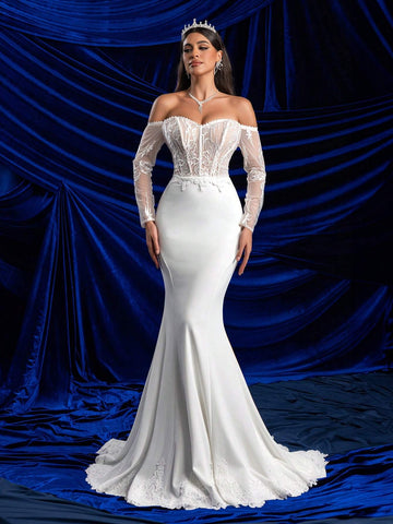 Elegant Glamorous Off-Shoulder Sheer Long Sleeve Bust Cup Boned Open Back Lace Trim Mermaid Lace Hem Wedding Dress