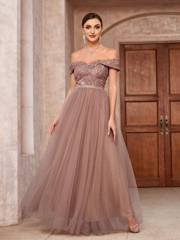 Elegant Glitter Off Shoulder Splice Mesh Skirt Hem Heavy Duty Formal Dress