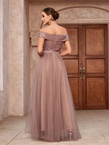 Elegant Glitter Off Shoulder Splice Mesh Skirt Hem Heavy Duty Formal Dress