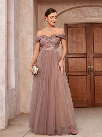 Elegant Glitter Off Shoulder Splice Mesh Skirt Hem Heavy Duty Formal Dress