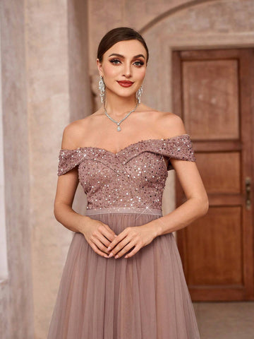 Elegant Glitter Off Shoulder Splice Mesh Skirt Hem Heavy Duty Formal Dress