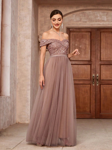Elegant Glitter Off Shoulder Splice Mesh Skirt Hem Heavy Duty Formal Dress