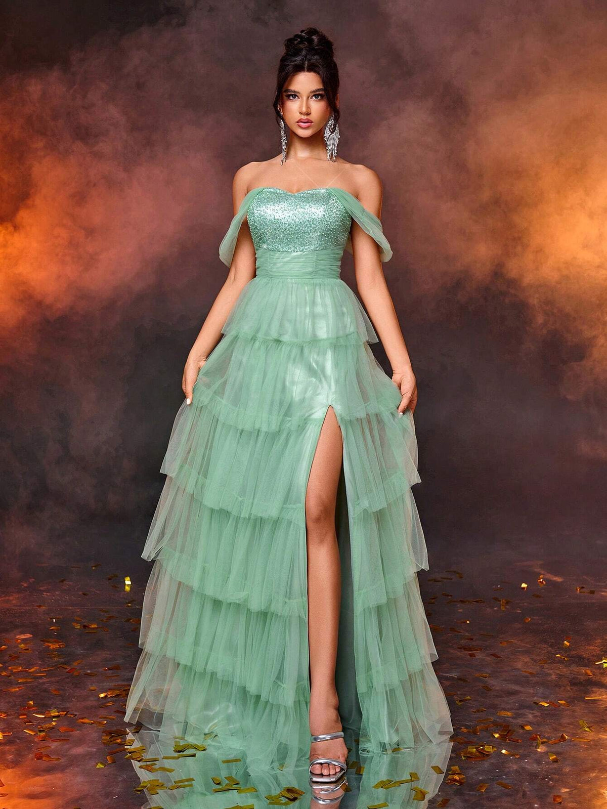 Elegant Glittery Green Patchwork Pleated Maxi Skirt, Suitable For Wedding, Holiday, Party, Graduation, Formal Events