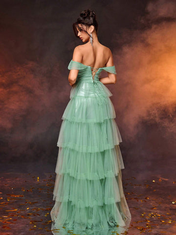 Elegant Glittery Green Patchwork Pleated Maxi Skirt, Suitable For Wedding, Holiday, Party, Graduation, Formal Events