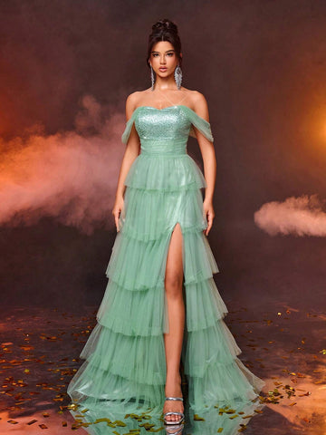 Elegant Glittery Green Patchwork Pleated Maxi Skirt, Suitable For Wedding, Holiday, Party, Graduation, Formal Events