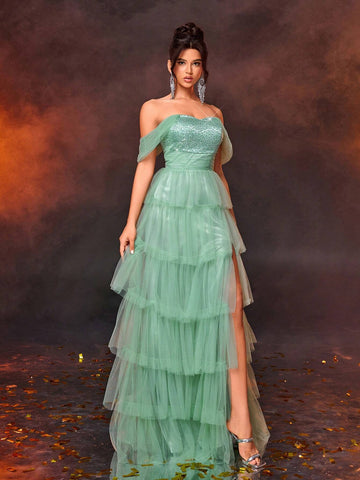 Elegant Glittery Green Patchwork Pleated Maxi Skirt, Suitable For Wedding, Holiday, Party, Graduation, Formal Events