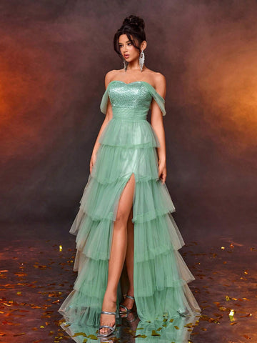 Elegant Glittery Green Patchwork Pleated Maxi Skirt, Suitable For Wedding, Holiday, Party, Graduation, Formal Events