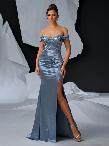 Elegant, Gorgeous And Charming Gray One-Shoulder Sleeves, Pearl Beaded And Tail, Very Suitable For Weddings, Bachelor Parties, Vacation, Graduation Season, Formal Occasions, Dinner Evening Dresses (Heavy Industry Style)