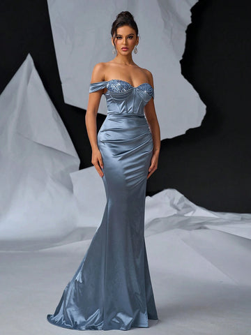 Elegant, Gorgeous And Charming Gray One-Shoulder Sleeves, Pearl Beaded And Tail, Very Suitable For Weddings, Bachelor Parties, Vacation, Graduation Season, Formal Occasions, Dinner Evening Dresses (Heavy Industry Style)