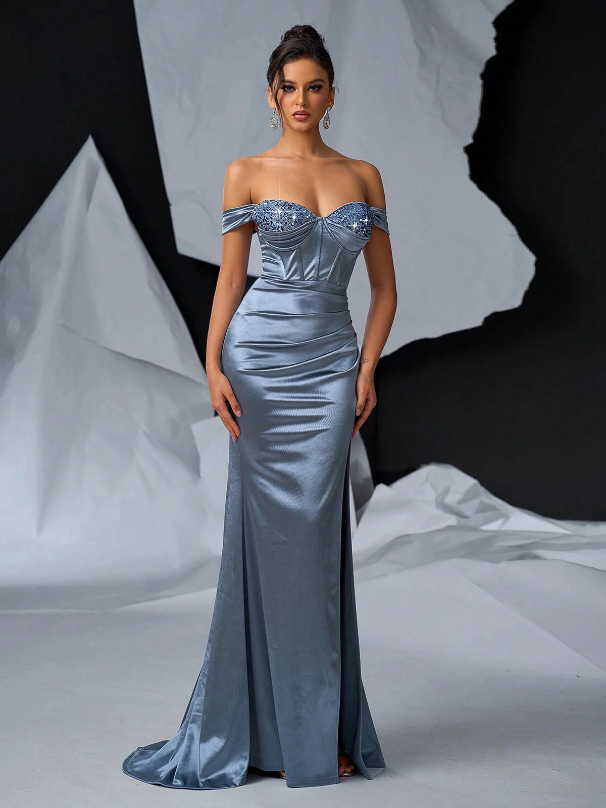 Elegant, Gorgeous And Charming Gray One-Shoulder Sleeves, Pearl Beaded And Tail, Very Suitable For Weddings, Bachelor Parties, Vacation, Graduation Season, Formal Occasions, Dinner Evening Dresses (Heavy Industry Style)