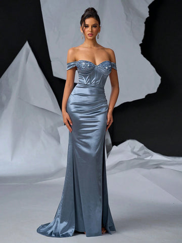 Elegant, Gorgeous And Charming Gray One-Shoulder Sleeves, Pearl Beaded And Tail, Very Suitable For Weddings, Bachelor Parties, Vacation, Graduation Season, Formal Occasions, Dinner Evening Dresses (Heavy Industry Style)