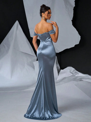 Elegant, Gorgeous And Charming Gray One-Shoulder Sleeves, Pearl Beaded And Tail, Very Suitable For Weddings, Bachelor Parties, Vacation, Graduation Season, Formal Occasions, Dinner Evening Dresses (Heavy Industry Style)