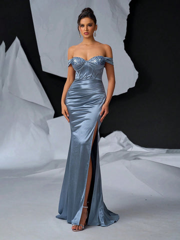 Elegant, Gorgeous And Charming Gray One-Shoulder Sleeves, Pearl Beaded And Tail, Very Suitable For Weddings, Bachelor Parties, Vacation, Graduation Season, Formal Occasions, Dinner Evening Dresses (Heavy Industry Style)