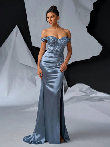 Elegant, Gorgeous And Charming Gray One-Shoulder Sleeves, Pearl Beaded And Tail, Very Suitable For Weddings, Bachelor Parties, Vacation, Graduation Season, Formal Occasions, Dinner Evening Dresses (Heavy Industry Style)