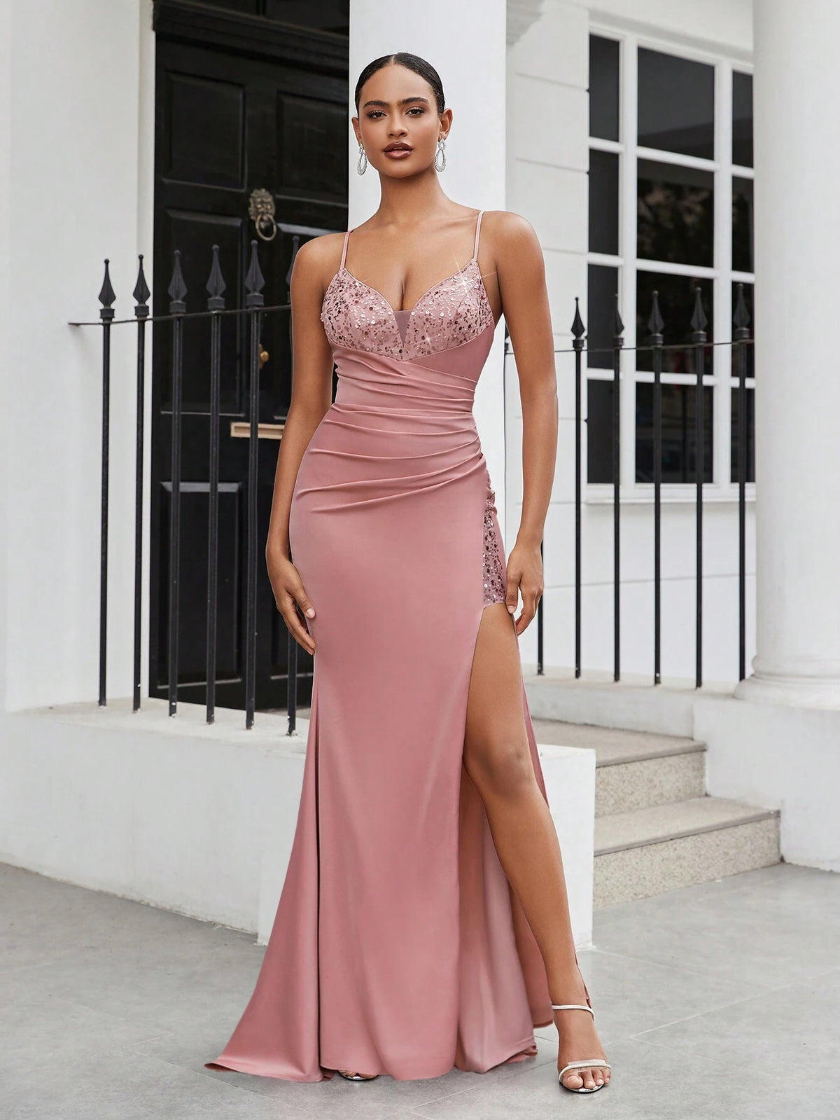 Elegant, Gorgeous And Charming Lotus Pink Off-The-Shoulder Neckline, Gathered High Slit, Tight Fishtail Hem, Graduation Season, Wedding Season, Vacation, Heavy Industry Evening Dress For Women