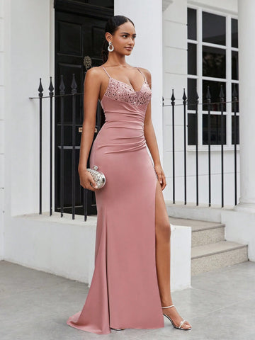 Elegant, Gorgeous And Charming Lotus Pink Off-The-Shoulder Neckline, Gathered High Slit, Tight Fishtail Hem, Graduation Season, Wedding Season, Vacation, Heavy Industry Evening Dress For Women
