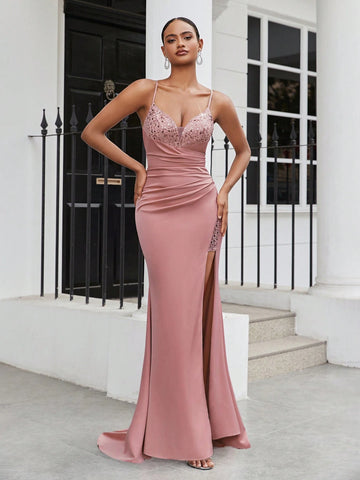 Elegant, Gorgeous And Charming Lotus Pink Off-The-Shoulder Neckline, Gathered High Slit, Tight Fishtail Hem, Graduation Season, Wedding Season, Vacation, Heavy Industry Evening Dress For Women