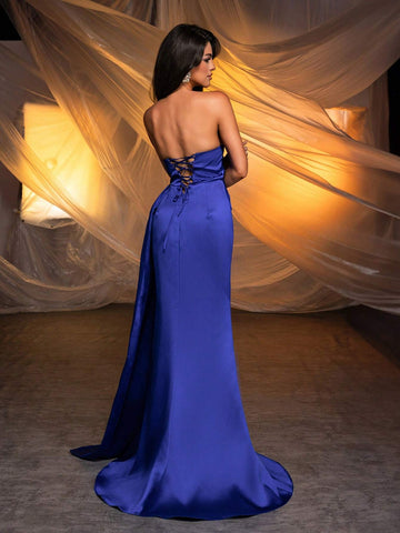 Elegant, Gorgeous And Charming Navy Blue Bright Satin Tube Top Pleated Design  Prom Dinner Evening Dress (Heavy Version)