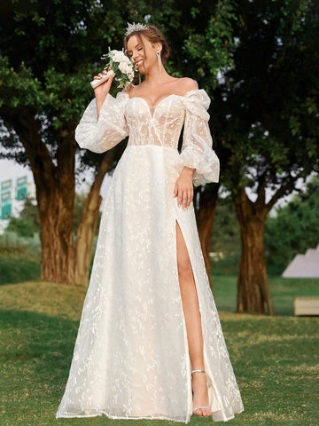 Elegant, Gorgeous And Charming White One-Shoulder Luxury Beaded Lace Off-Shoulder Puff Sleeves Lace Mesh Suitable For Weddings Holiday Parties Prom Informal Large A-Line Floor-Length Wedding Dress