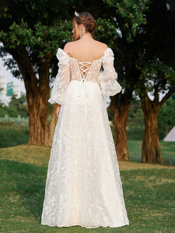 Elegant, Gorgeous And Charming White One-Shoulder Luxury Beaded Lace Off-Shoulder Puff Sleeves Lace Mesh Suitable For Weddings Holiday Parties Prom Informal Large A-Line Floor-Length Wedding Dress