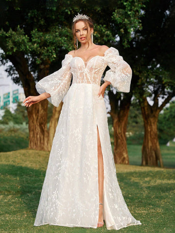 Elegant, Gorgeous And Charming White One-Shoulder Luxury Beaded Lace Off-Shoulder Puff Sleeves Lace Mesh Suitable For Weddings Holiday Parties Prom Informal Large A-Line Floor-Length Wedding Dress