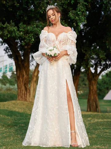 Elegant, Gorgeous And Charming White One-Shoulder Luxury Beaded Lace Off-Shoulder Puff Sleeves Lace Mesh Suitable For Weddings Holiday Parties Prom Informal Large A-Line Floor-Length Wedding Dress