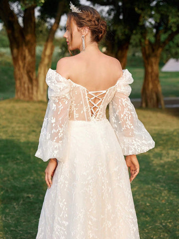 Elegant, Gorgeous And Charming White One-Shoulder Luxury Beaded Lace Off-Shoulder Puff Sleeves Lace Mesh Suitable For Weddings Holiday Parties Prom Informal Large A-Line Floor-Length Wedding Dress