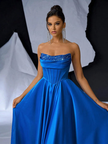 Elegant, Gorgeous And Cute, Dark Blue Sequin Stitching, Bright Satin Fabric Breast Cup With Fishbone Ruffles, Suitable For Weddings, Festivals, Parties, Proms And Graduation Ceremonies. Oversized Floor-Length Evening Gown (Heavy Industry Style)