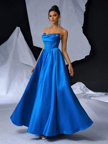 Elegant, Gorgeous And Cute, Dark Blue Sequin Stitching, Bright Satin Fabric Breast Cup With Fishbone Ruffles, Suitable For Weddings, Festivals, Parties, Proms And Graduation Ceremonies. Oversized Floor-Length Evening Gown (Heavy Industry Style)