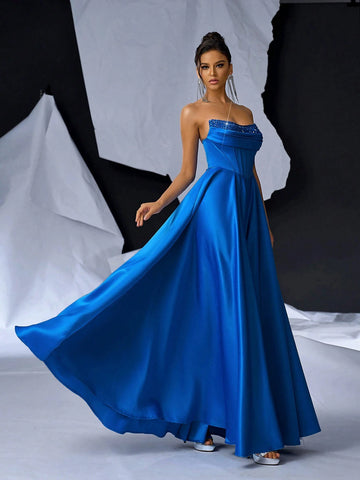 Elegant, Gorgeous And Cute, Dark Blue Sequin Stitching, Bright Satin Fabric Breast Cup With Fishbone Ruffles, Suitable For Weddings, Festivals, Parties, Proms And Graduation Ceremonies. Oversized Floor-Length Evening Gown (Heavy Industry Style)