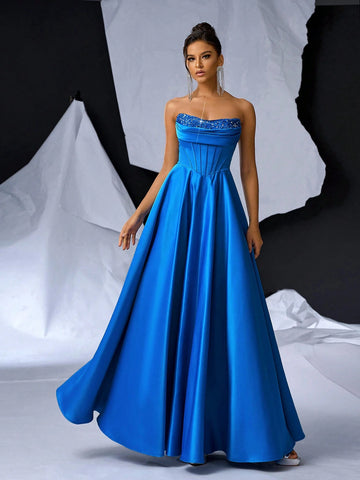 Elegant, Gorgeous And Cute, Dark Blue Sequin Stitching, Bright Satin Fabric Breast Cup With Fishbone Ruffles, Suitable For Weddings, Festivals, Parties, Proms And Graduation Ceremonies. Oversized Floor-Length Evening Gown (Heavy Industry Style)