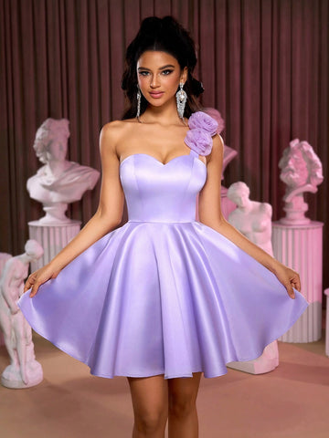 Elegant, Gorgeous And Cute Lotus Pink One-Shoulder 3D Three-Dimensional Floral Upper Body With Satin Pleats And Large Hem Skirt, Suitable For Wedding Events, Bachelor Parties, Vacation, Graduation Season Prom Dress (Heavy Industry Style)