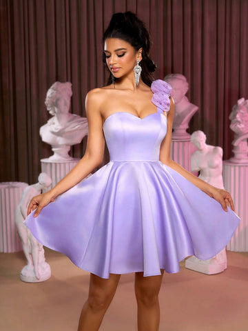 Elegant, Gorgeous And Cute Lotus Pink One-Shoulder 3D Three-Dimensional Floral Upper Body With Satin Pleats And Large Hem Skirt, Suitable For Wedding Events, Bachelor Parties, Vacation, Graduation Season Prom Dress (Heavy Industry Style)