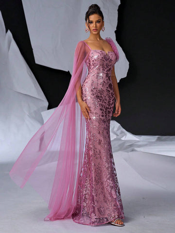 Elegant, Gorgeous And Cute Lotus Root Pink Neckline, V-Iron Breast Cup And Fishbone Design, Beaded Tulle Shoulder Sleeves, Suitable For Formal Occasions, Weddings, Thrifty Parties, Graduation Ceremonies, Proms, Mermaid Tail Floor-Length Evening Gowns