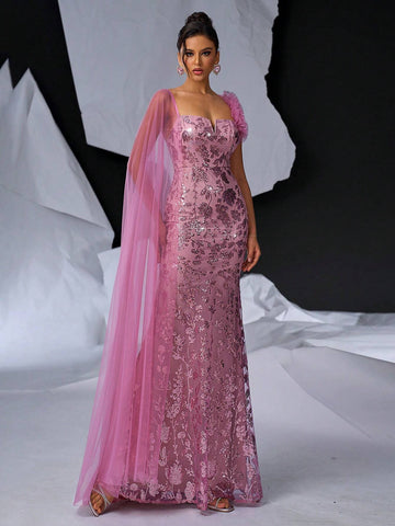 Elegant, Gorgeous And Cute Lotus Root Pink Neckline, V-Iron Breast Cup And Fishbone Design, Beaded Tulle Shoulder Sleeves, Suitable For Formal Occasions, Weddings, Thrifty Parties, Graduation Ceremonies, Proms, Mermaid Tail Floor-Length Evening Gowns