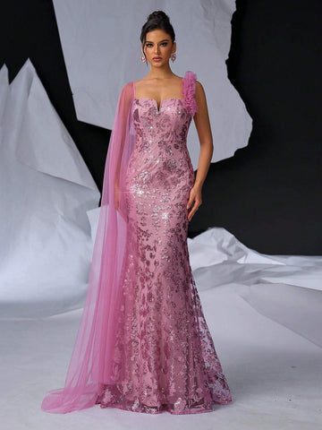 Elegant, Gorgeous And Cute Lotus Root Pink Neckline, V-Iron Breast Cup And Fishbone Design, Beaded Tulle Shoulder Sleeves, Suitable For Formal Occasions, Weddings, Thrifty Parties, Graduation Ceremonies, Proms, Mermaid Tail Floor-Length Evening Gowns
