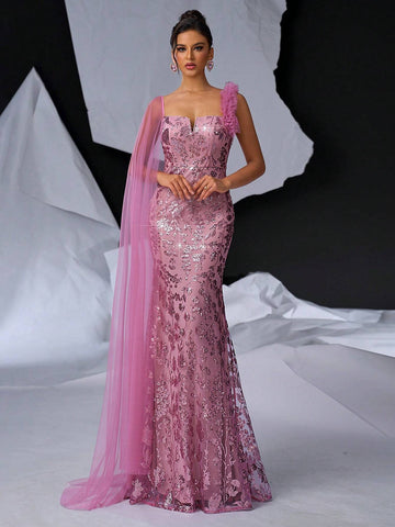 Elegant, Gorgeous And Cute Lotus Root Pink Neckline, V-Iron Breast Cup And Fishbone Design, Beaded Tulle Shoulder Sleeves, Suitable For Formal Occasions, Weddings, Thrifty Parties, Graduation Ceremonies, Proms, Mermaid Tail Floor-Length Evening Gowns