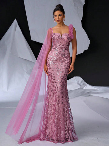 Elegant, Gorgeous And Cute Lotus Root Pink Neckline, V-Iron Breast Cup And Fishbone Design, Beaded Tulle Shoulder Sleeves, Suitable For Formal Occasions, Weddings, Thrifty Parties, Graduation Ceremonies, Proms, Mermaid Tail Floor-Length Evening Gowns