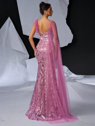 Elegant, Gorgeous And Cute Lotus Root Pink Neckline, V-Iron Breast Cup And Fishbone Design, Beaded Tulle Shoulder Sleeves, Suitable For Formal Occasions, Weddings, Thrifty Parties, Graduation Ceremonies, Proms, Mermaid Tail Floor-Length Evening Gowns