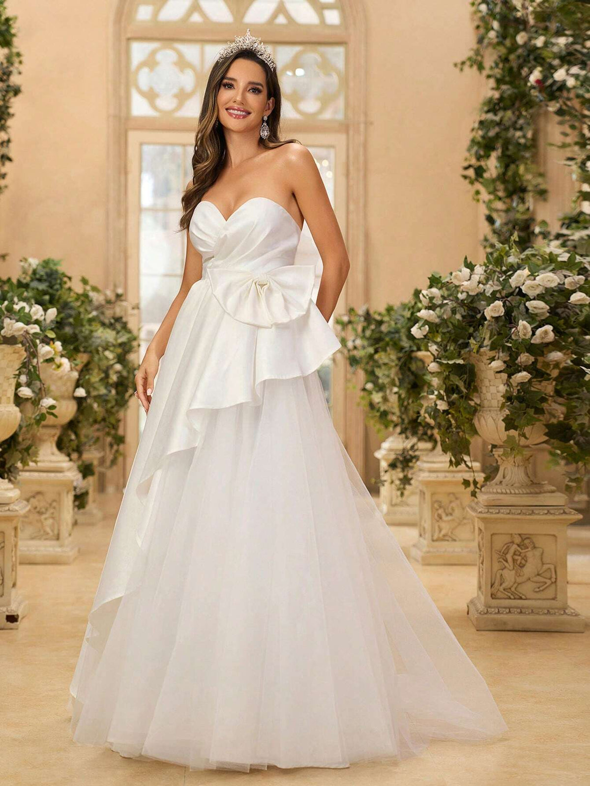 Elegant, Gorgeous And Cute White Strapless Bright Satin Pleated Mesh With Pleats And Bow Details On The Back For Wedding Holiday Party Prom Dinner Oversized Hem Plus Floor-Length Wedding Dress