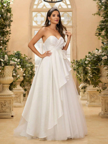 Elegant, Gorgeous And Cute White Strapless Bright Satin Pleated Mesh With Pleats And Bow Details On The Back For Wedding Holiday Party Prom Dinner Oversized Hem Plus Floor-Length Wedding Dress
