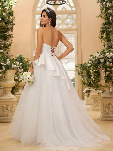 Elegant, Gorgeous And Cute White Strapless Bright Satin Pleated Mesh With Pleats And Bow Details On The Back For Wedding Holiday Party Prom Dinner Oversized Hem Plus Floor-Length Wedding Dress