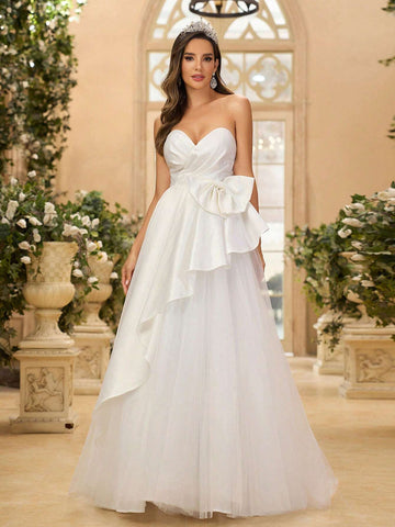 Elegant, Gorgeous And Cute White Strapless Bright Satin Pleated Mesh With Pleats And Bow Details On The Back For Wedding Holiday Party Prom Dinner Oversized Hem Plus Floor-Length Wedding Dress