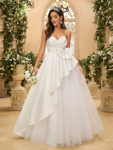 Elegant, Gorgeous And Cute White Strapless Bright Satin Pleated Mesh With Pleats And Bow Details On The Back For Wedding Holiday Party Prom Dinner Oversized Hem Plus Floor-Length Wedding Dress