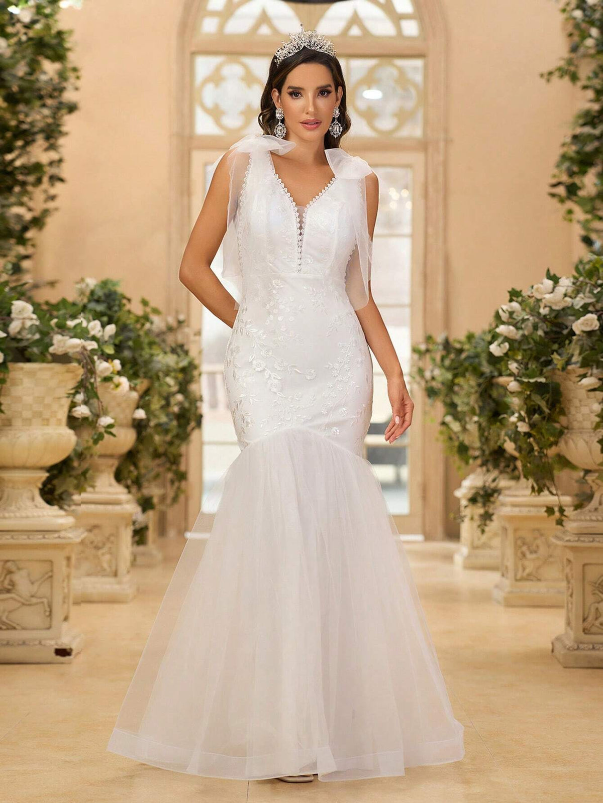 Elegant, Gorgeous And Cute White V-Neck With Detachable Bow Decoration, Transparent French Stretch Lace Stitching, Mesh Corset And Herringbone Line, Suitable For Weddings, Holiday Parties, Vacation, Graduation Season, Long Train Fishtail Wedding Dress