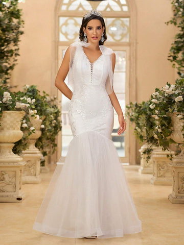 Elegant, Gorgeous And Cute White V-Neck With Detachable Bow Decoration, Transparent French Stretch Lace Stitching, Mesh Corset And Herringbone Line, Suitable For Weddings, Holiday Parties, Vacation, Graduation Season, Long Train Fishtail Wedding Dress